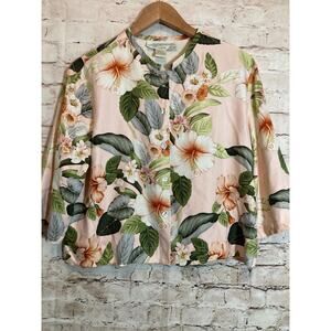 Vintage Pineapple Moon Silk Top Womens Small Pale Pink Tropical Florals Hibiscus